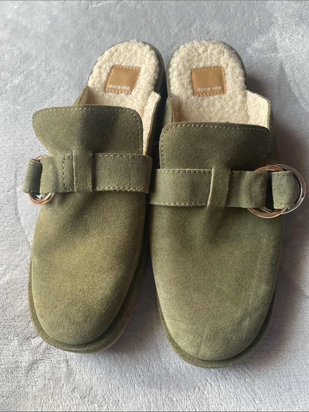 Dolce Vita Olive Green Suede Slip-On Mules with Buckle - Picture 3 of 5